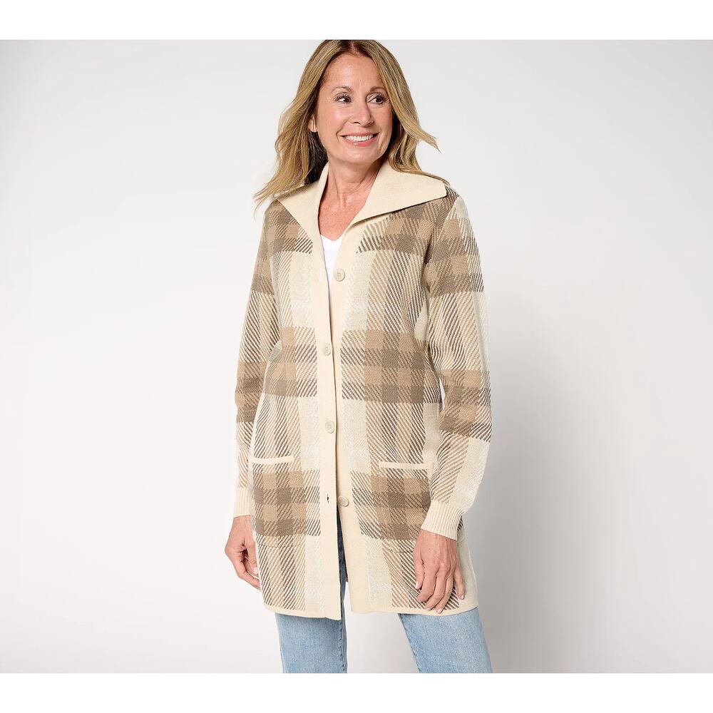 Denim & Co. Button Front Sweater Tunic Cardigan New Stone Plaid XL Petite Preppy
